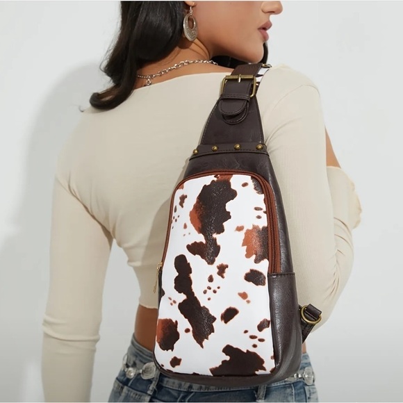 Jenny Louise Boutique Handbags - Vegan Leather Studded Vintage Cow Print Crossbody Bag